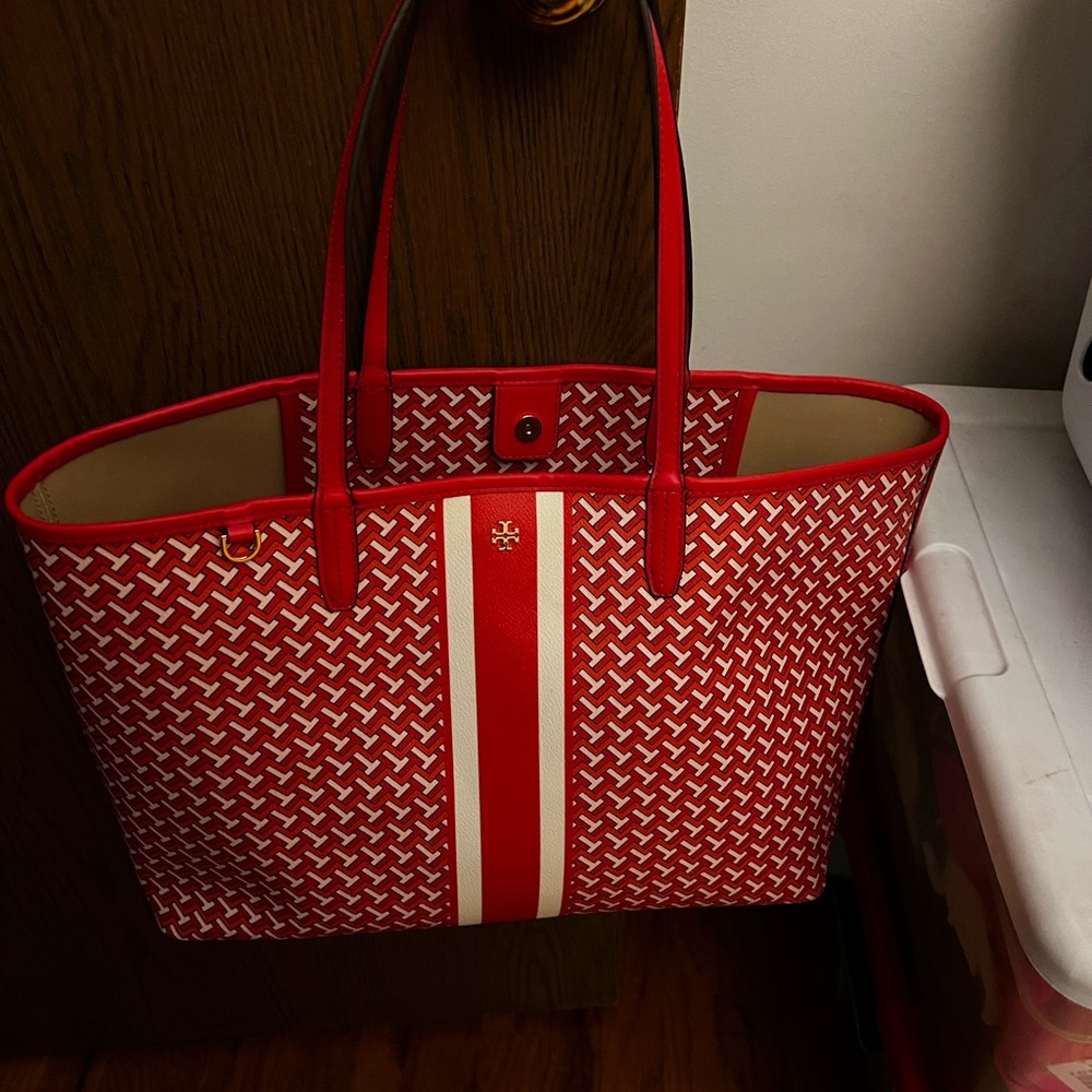 Tory Burch Red Patterned Tote with White Stripe